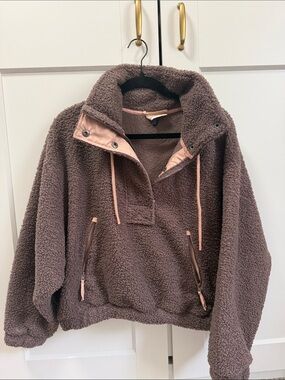 Universal Thread Brown Taupe Teddy Fleece Jacket with Pink Trim